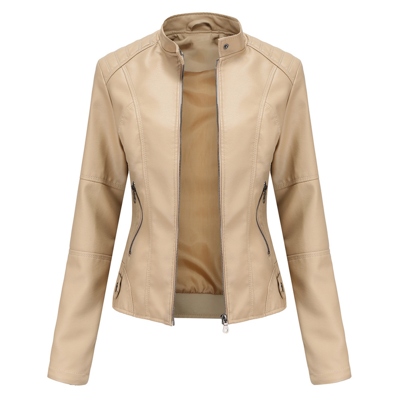 European Women's Slim Fit Thin Spring Autumn Coat Ladies Motorcycle Plus Size Stand Collar Leather Jacket_voghion.com