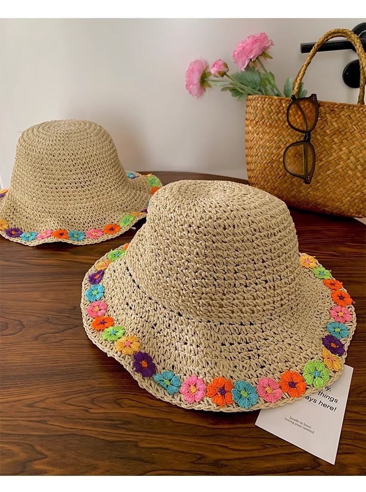 Flower Hollow Woven Strohhut Damen Ins Sommer Dopamin Eimerhut Meer Strandurlaub Sonnenschutzhut_voghion.com