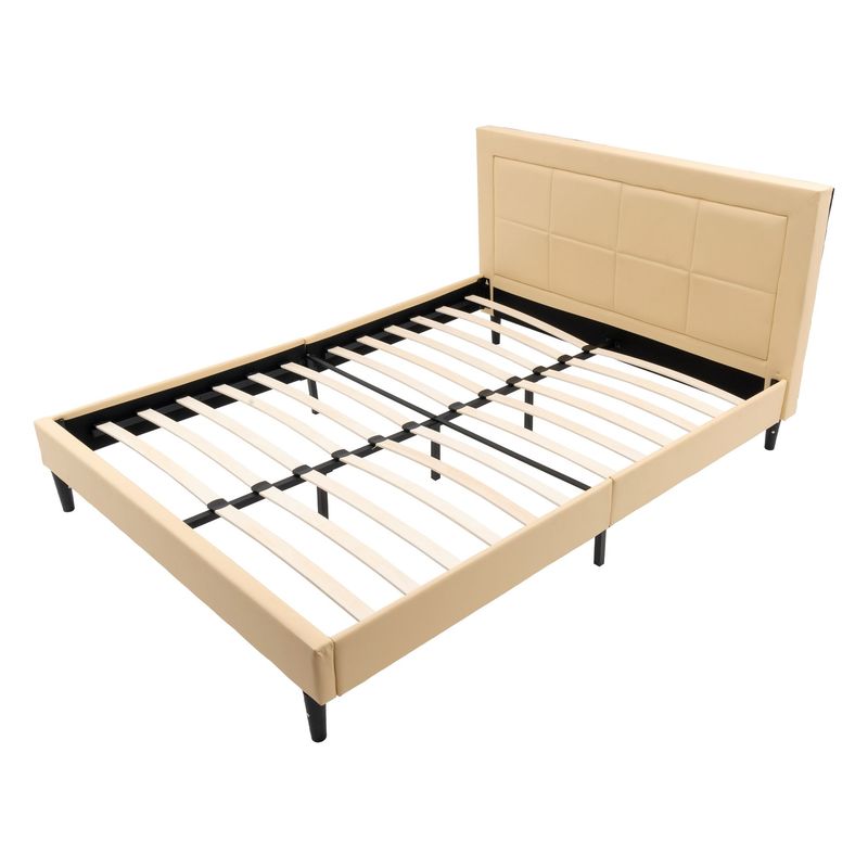 Queen Size Wood Slat Bed Frame 800 Lbs Capacity With PU Leather Headboard_voghion.com
