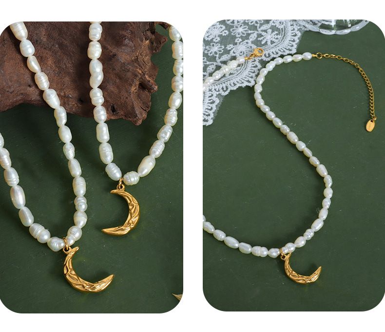 Französische Nischenpersönlichkeit Ins Cool Style Plissee Textur Mond Anhänger Schlüsselbeinkette Titanstahl Süßwasserperle_voghion.com