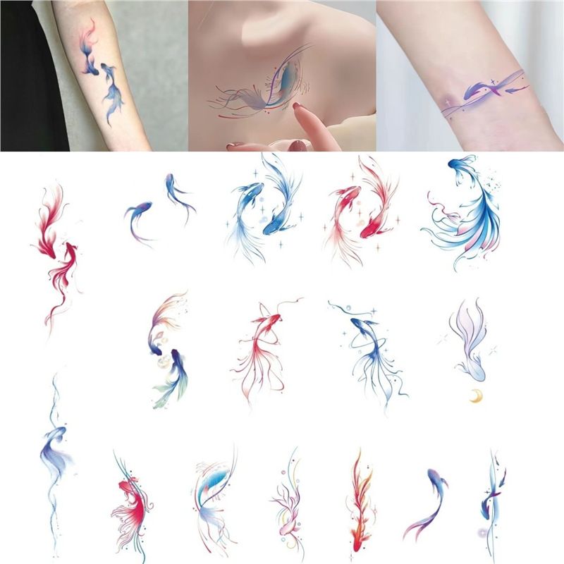 Tatouage autocollant de poignet personnalisé, motif poisson rouge, coloré, imperméable et durable, motif fleur, pour bras, doux, cool et épicé, pour fille_voghion.com