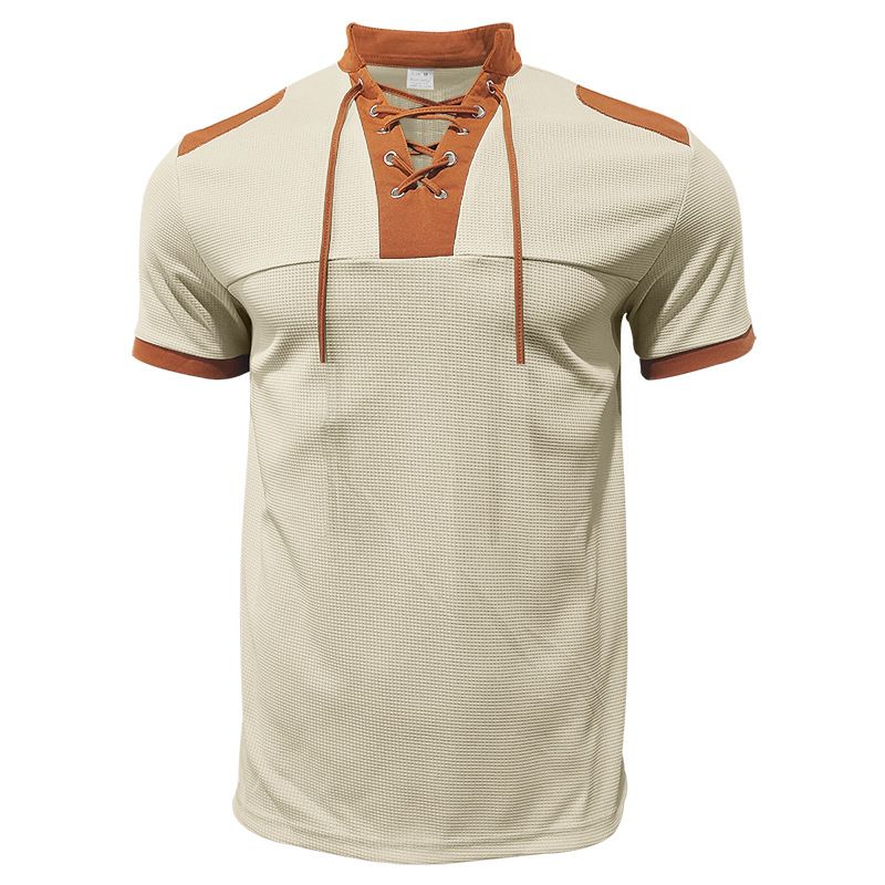 Cross-border Independent Station American Summer Casual Men's Tether Loose Henry Western Denim Waffle Short Sleeve Suit_voghion.com