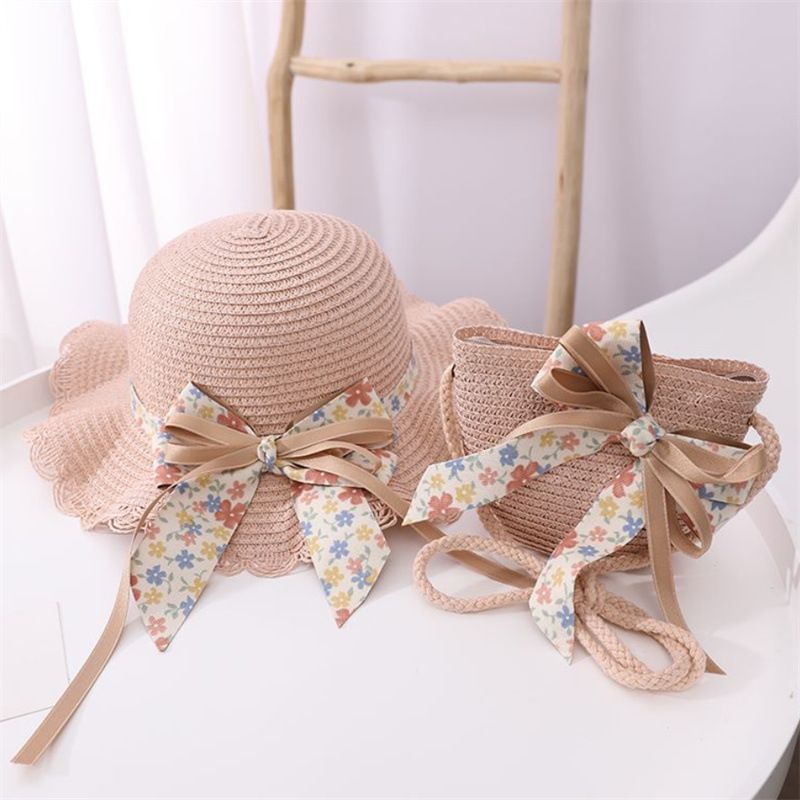 Cappelli di paglia da pescatore pieghevoli da spiaggia per bambini, protezione solare estiva da donna e set di borse_voghion.com