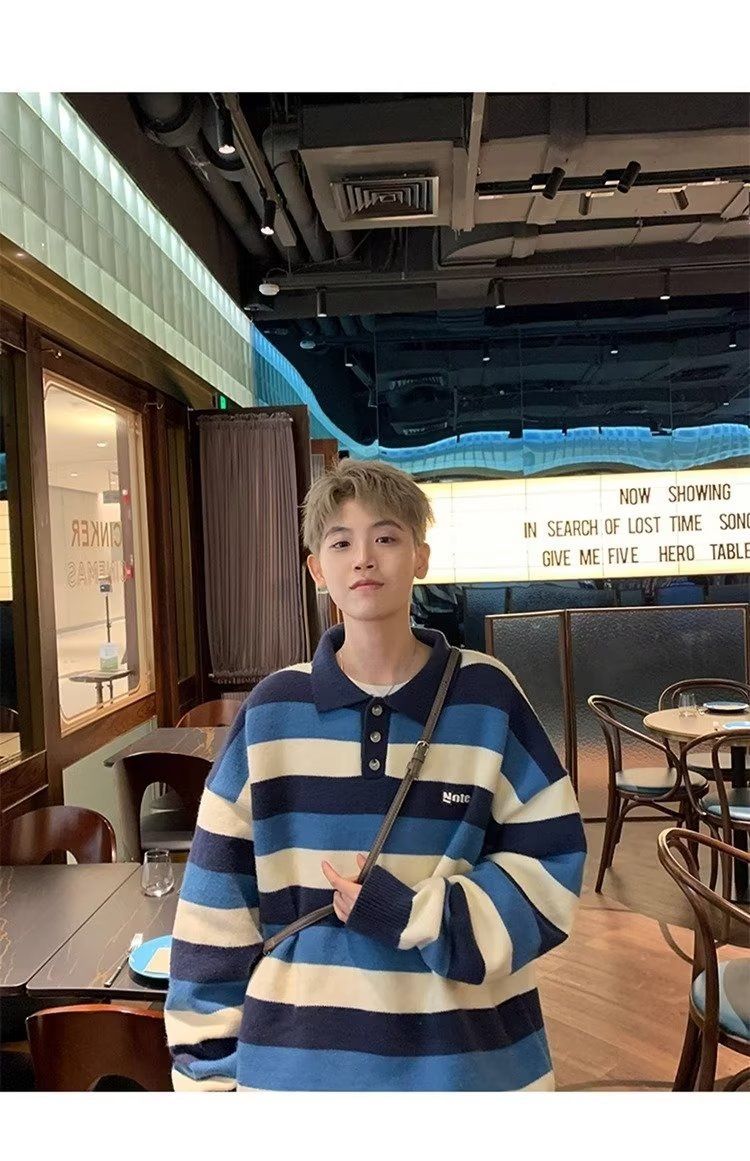 Polokragen für Jungen im Herbst und Winter, Lazy Style, kontrastfarbene Streifen, lockere Passform, Teenager-Revers, gestrickt_voghion.com