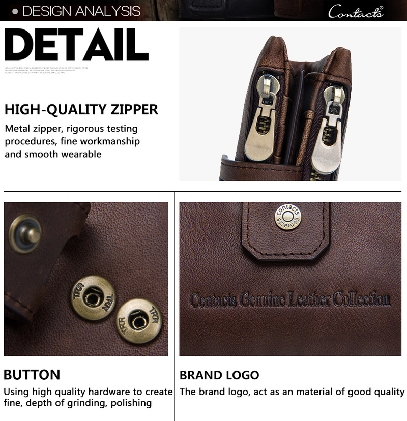 Herenportemonnee met ketting, echt leren portemonnee, RFID-blokkering, dubbelgevouwen, dubbele rits, muntvak met antidiefstalketting_voghion.com