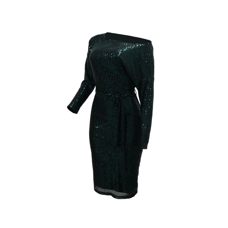 Schulterfreies Wickelkleid mit Pailletten – Glamour-Kleid mit langen Ärmeln (S–XXL, Stretch-Polyester, Smaragdgrün und Nude, für Feiertagspartys und Verabredungen am Abend)_voghion.com