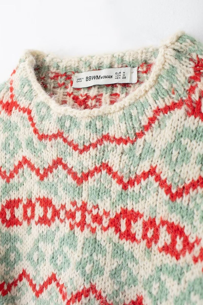 Women's 2024 Autumn/Winter New Street Fashion Round Neck Splicing Jacquard Knitted Shirt_voghion.com