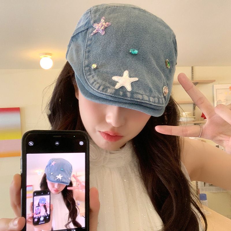 2025 Neue gewaschene Denim-Cap für Damen, vielseitig für Sommer und Herbst, großer Kopfumfang, gesichtsschlank machend,_voghion.com