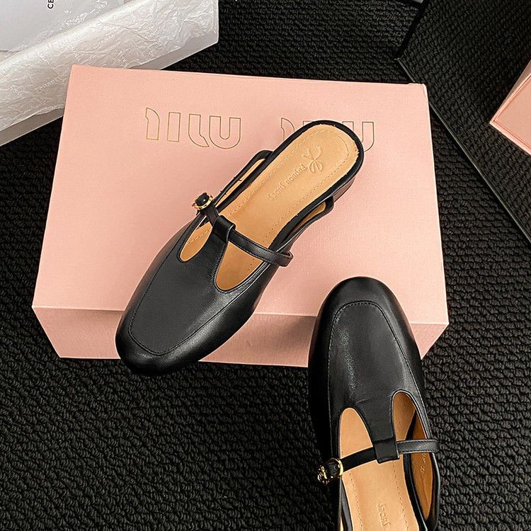 Flat Bottomed 2025 Summer New Baotou Slippers Soft Leather Women's Shoes With Thick Heels And A Straight Strap For_voghion.com