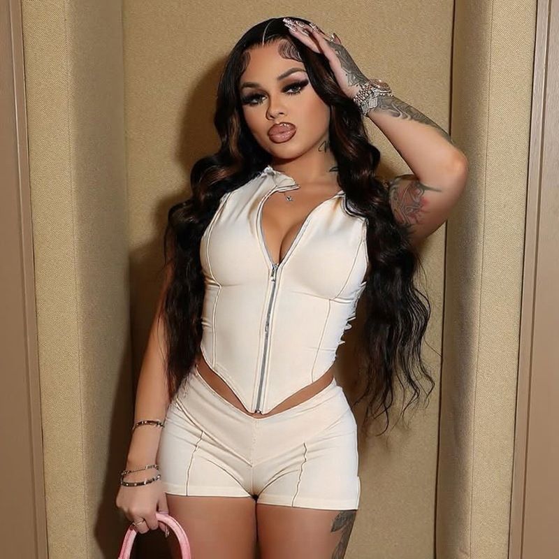 Women's Clothing 2025 Summer New Solid Color Zipper Slim Fit Crop Top High Waist Tight Shorts Set_voghion.com