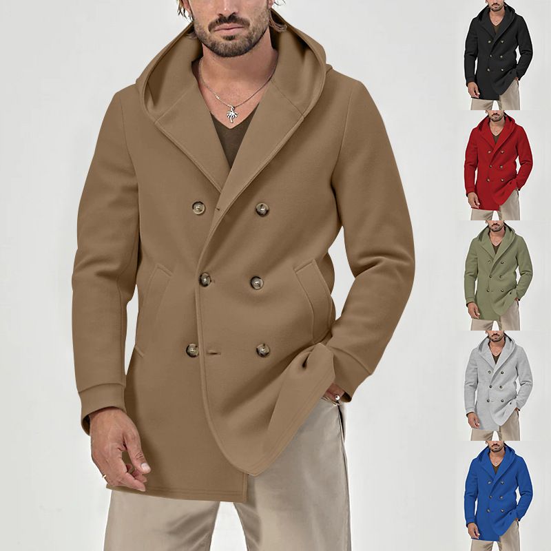 Men's Stylish Trench Coat With Double Breasted Design, Mid-Length Cotton Blend Jacket For Spring & Autumn, Slim Fit Casual Coat_voghion.com