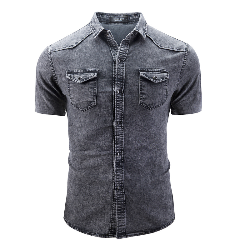 Man's clothing Men's denim short sleeve shirt Double pocket short sleeve shirt_voghion.com