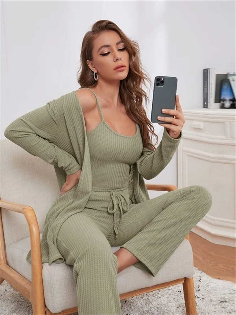 Women's home wear women's Waffle knit halter top trousers robe pajamas three sets_voghion.com