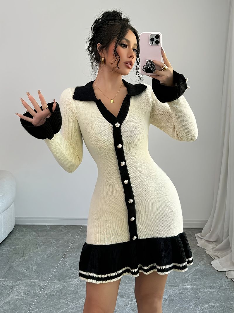 Abito da donna in maglia a maniche lunghe, nuovo, aderente, con volant, scollo a V, stile autunno e inverno, piccolo profumo_voghion.com