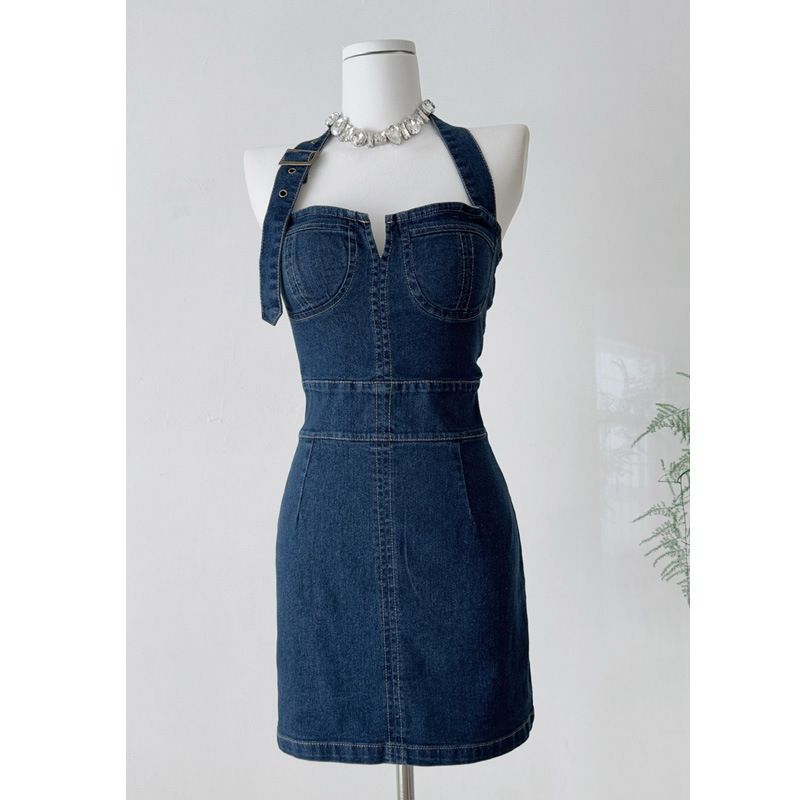 Vestido corto ajustado con abertura y cuello halter para mujer, estilo vaquero, para verano 2025_voghion.com