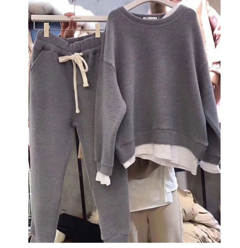 Sweat-shirt ample à manches longues et doublure polaire pour femme, ensemble deux pièces grande taille, patchwork_voghion.com