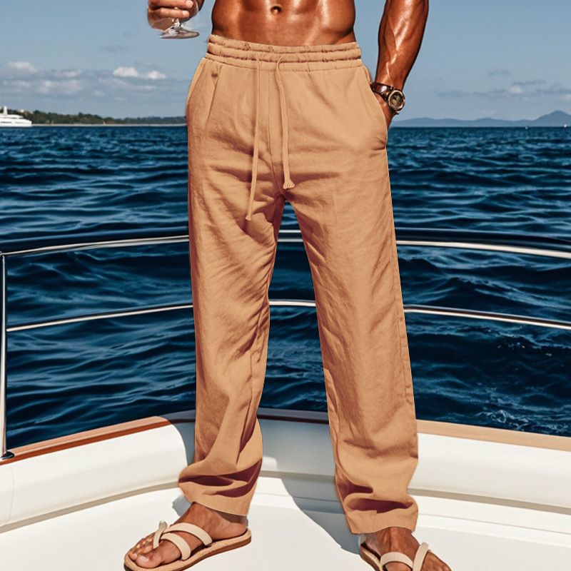 Neue Herrenhose aus Baumwolle und Leinen in Übergröße mit lockerer, einfarbiger, lässiger Schnürhose_voghion.com