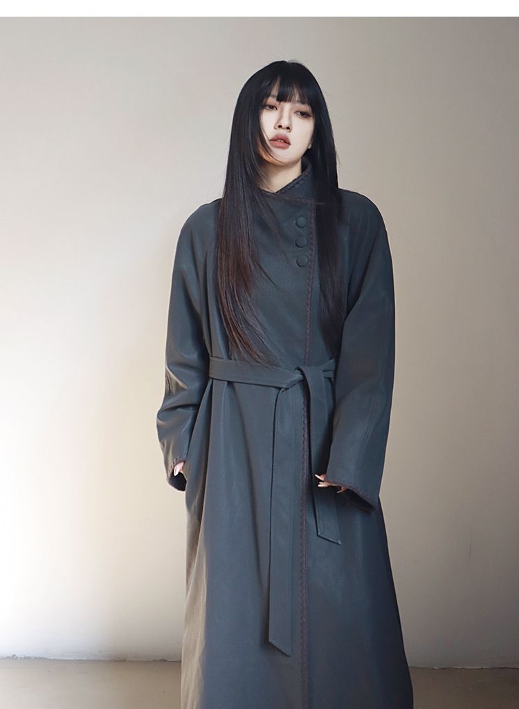 Uniek ontwerp taille-accent leren donsjack voor dames, losse opstaande kraag lange trenchcoat voor herfst en winter_voghion.com