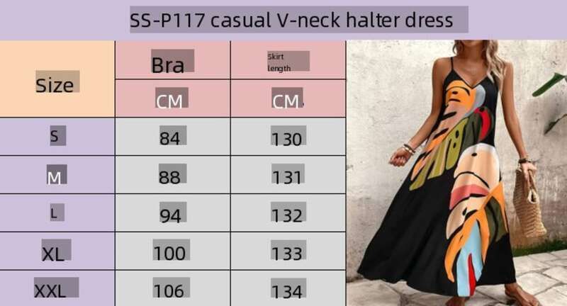 Sommermode Neue Urlaub Bequeme Casual Gedruckt V-ausschnitt Hosenträger Lange Kleid_voghion.com