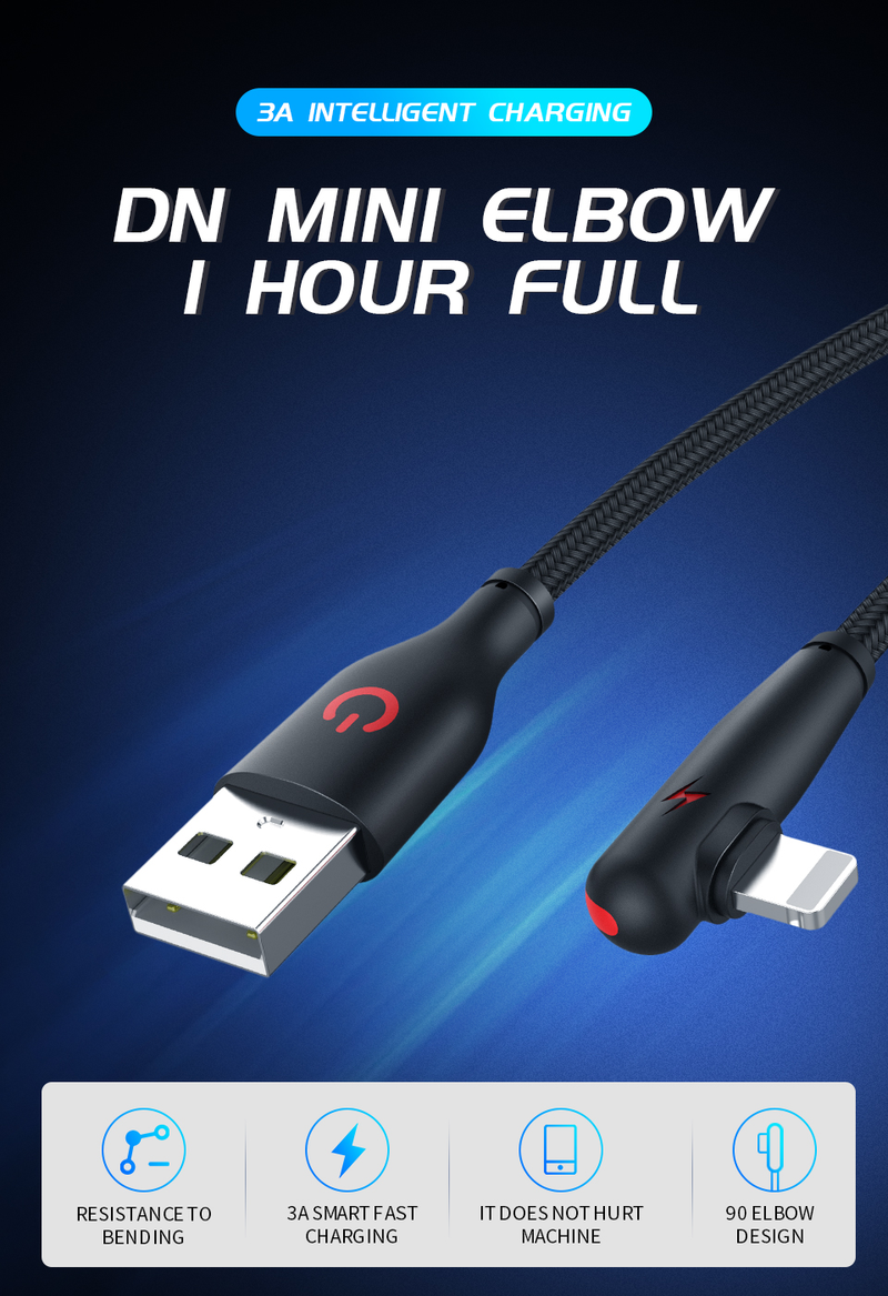 Nylon L-shape USB For iPhone 14 13 12 11 Pro Max XS XR X 8 7 6 6S 5S 3A Fast Charger 90 Degree USB Wire Cord P                  S_voghion.com