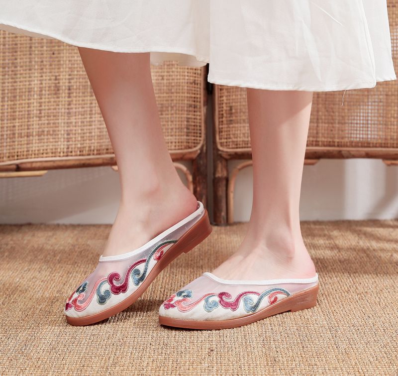 Slippers, Mesh Embroidered Fabric Shoes, Summer Cow Tendon Soles, Casual Women's Outerwear Sandals_voghion.com