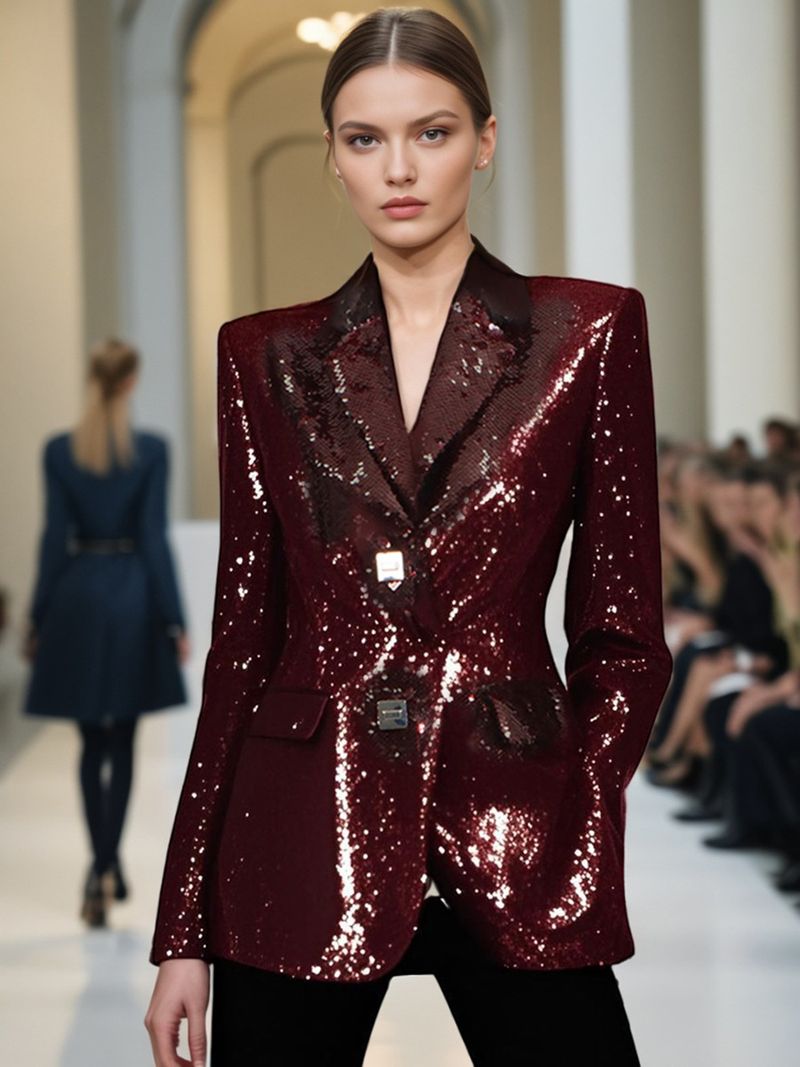 Abbigliamento da donna, design alla moda, piccolo abito con paillettes, elegante blazer con paillettes per donna - giacca da ufficio slim fit con scollo a V e design che stringe la vita_voghion.com