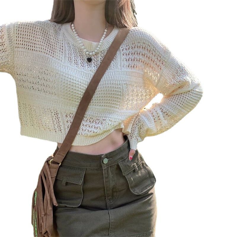 Spice Girl Hollow-Out-Design, dünner, sonnengetrockneter Strickpullover, kurzes Außennetzhemd für Damen, einfarbiges Langarmoberteil_voghion.com