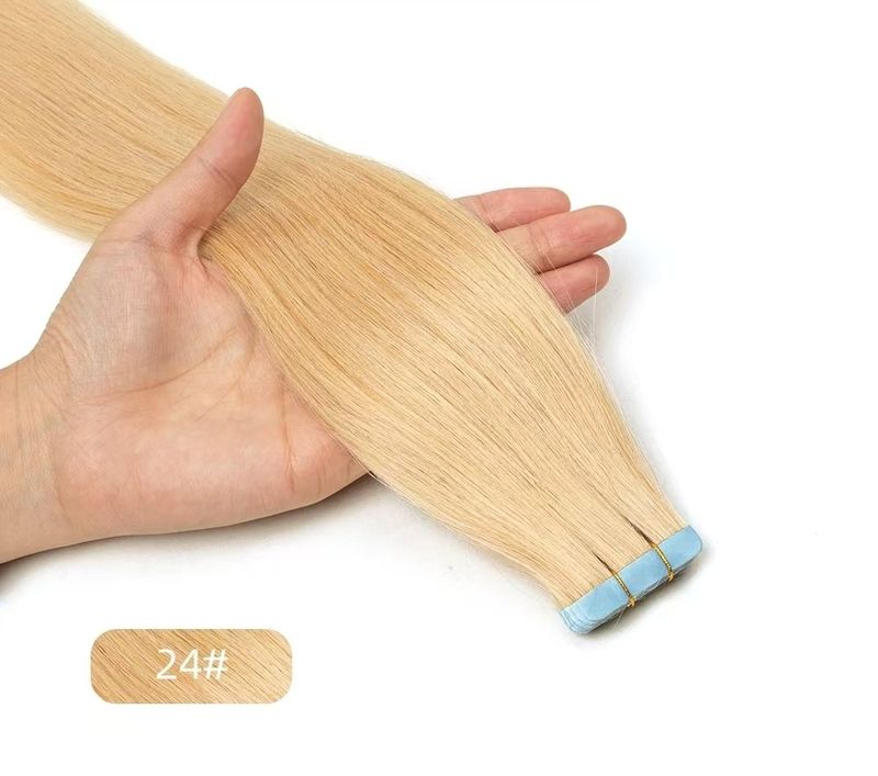 Extensiones de cabello con cinta adhesiva invisible n.° 24, color rubio, liso, 100 % cabello humano real, sin costuras, paquete de 20 unidades_voghion.com
