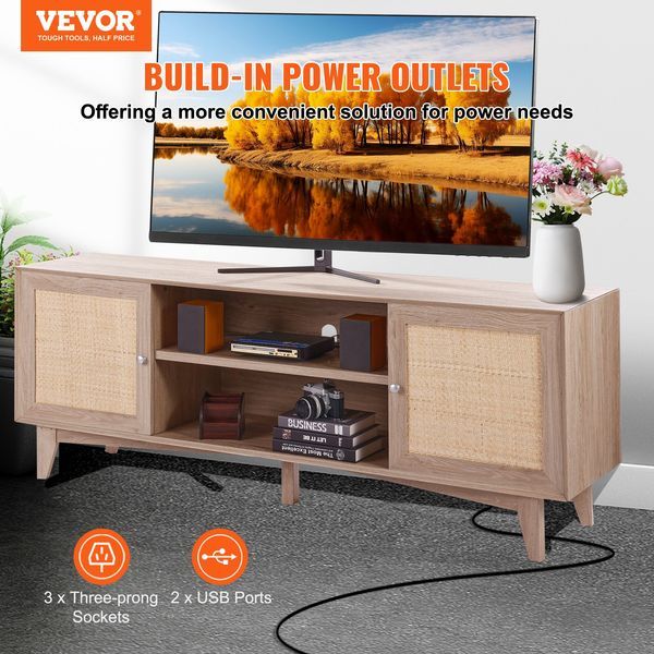 VEVOR Rattan TV Stand, Mid Century Modern TV Stand For 75 Inch TV, Boho Rattan TV Cabinet With Build-in Socket And USB Ports, Adjustable Shelfs For_voghion.com