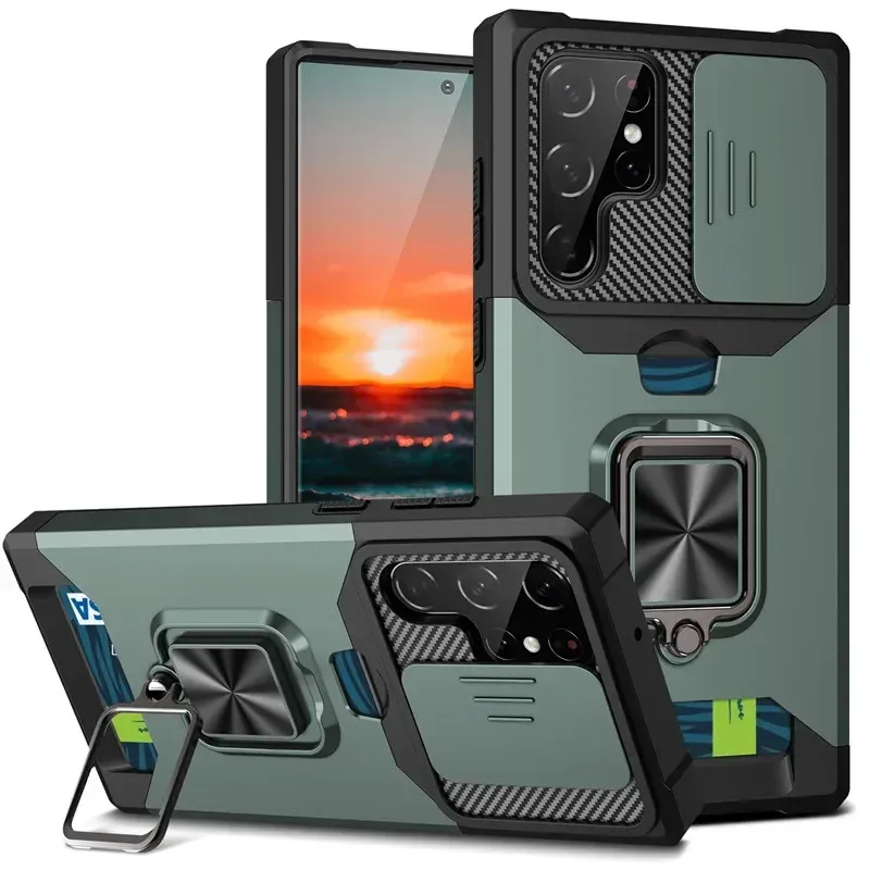 Zırh Darbeye Dayanıklı Kılıf Samsung Galaxy S25 Ultra Plus S24FE A16 A06 A55 Yüzük Standı Slayt Kamera Lens Kart Yuvası Cüzdan Kapağı_voghion.com