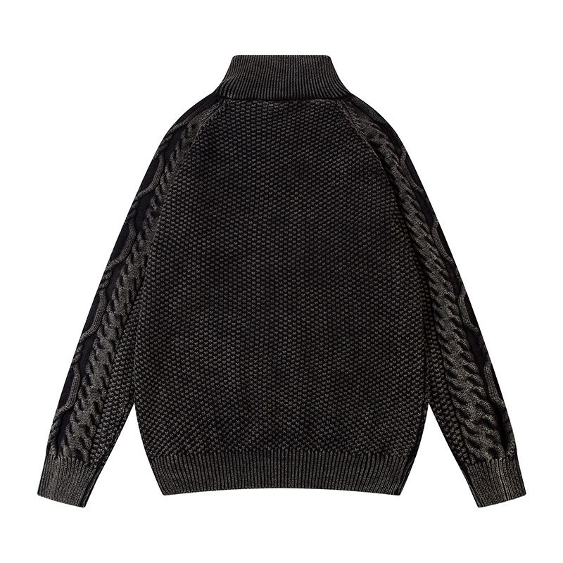 Herrenbekleidung Retro Washed Distressed Rollkragenpullover mit halbem Reißverschluss für Männer Ins Trendy Hip Hop Loose Knit Sweater Top_voghion.com