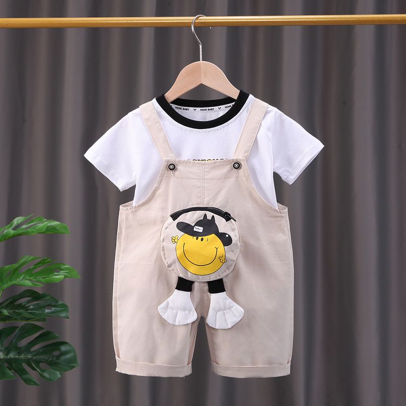 Conjunto de dos piezas de pantalones con banda trasera coreana para bebé de un año de edad, de manga corta y cara sonriente, para verano de 2024_voghion.com