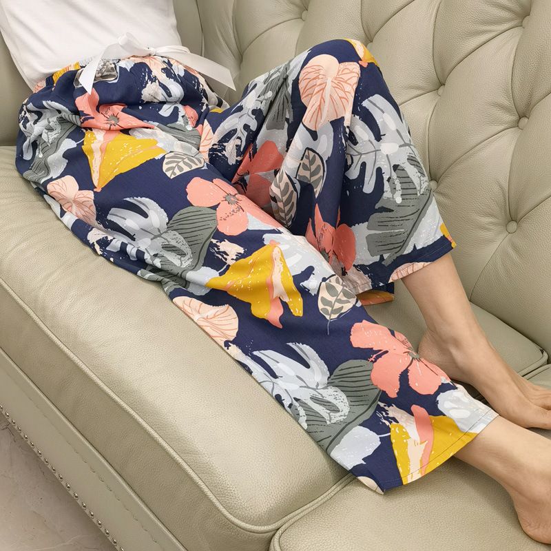 Cotton Silk Pajama Pants Women's Summer Thin High Waist Wide Leg Pants Spring and Autumn Outer Wear Artificial Cotton Beach Pants Plus Size Trousers_voghion.com