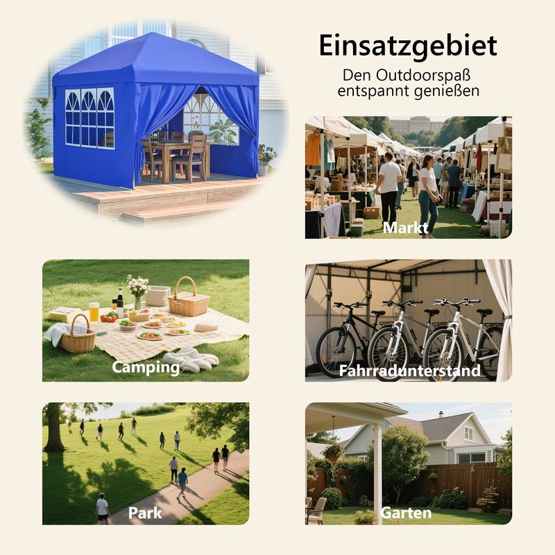 Pavillon 3x3m avec 4 parois latérales, hauteur réglable sur 3 niveaux, pavillon de jardin pliable (bleu)_voghion.com