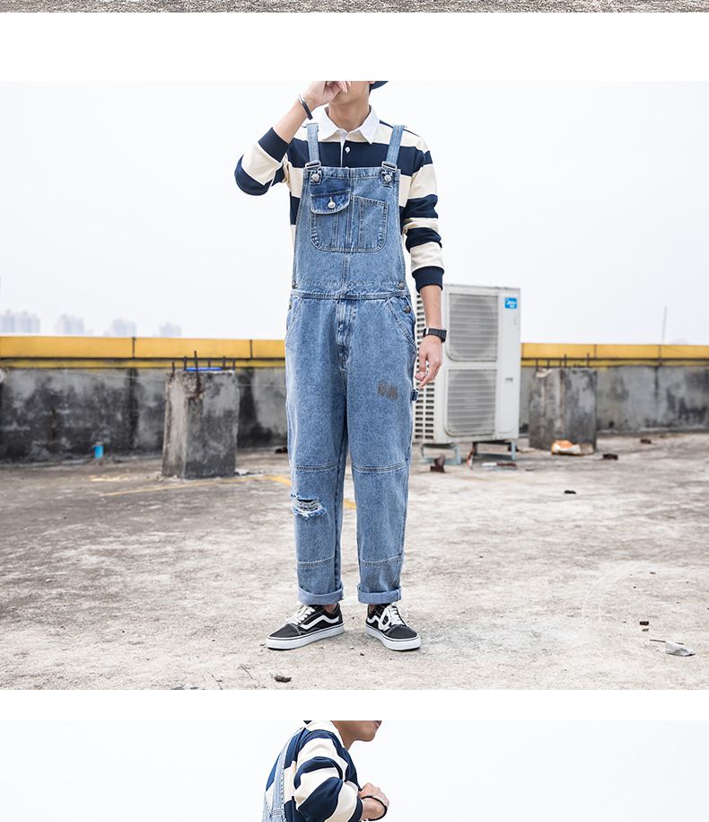 Man's clothing Men's denim overalls couple ripped loose straight jumpsuit wide leg overalls suspenders ins Daddy pants_voghion.com