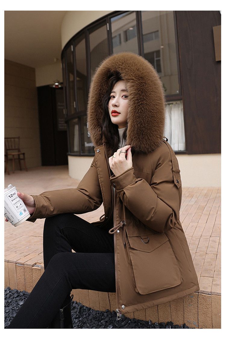Parker Wintermäntel Baumwollmantel für Damen, mittlerer und langer Baumwollmantel, kleiner, lockerer großer Pelzkragen BF_voghion.com