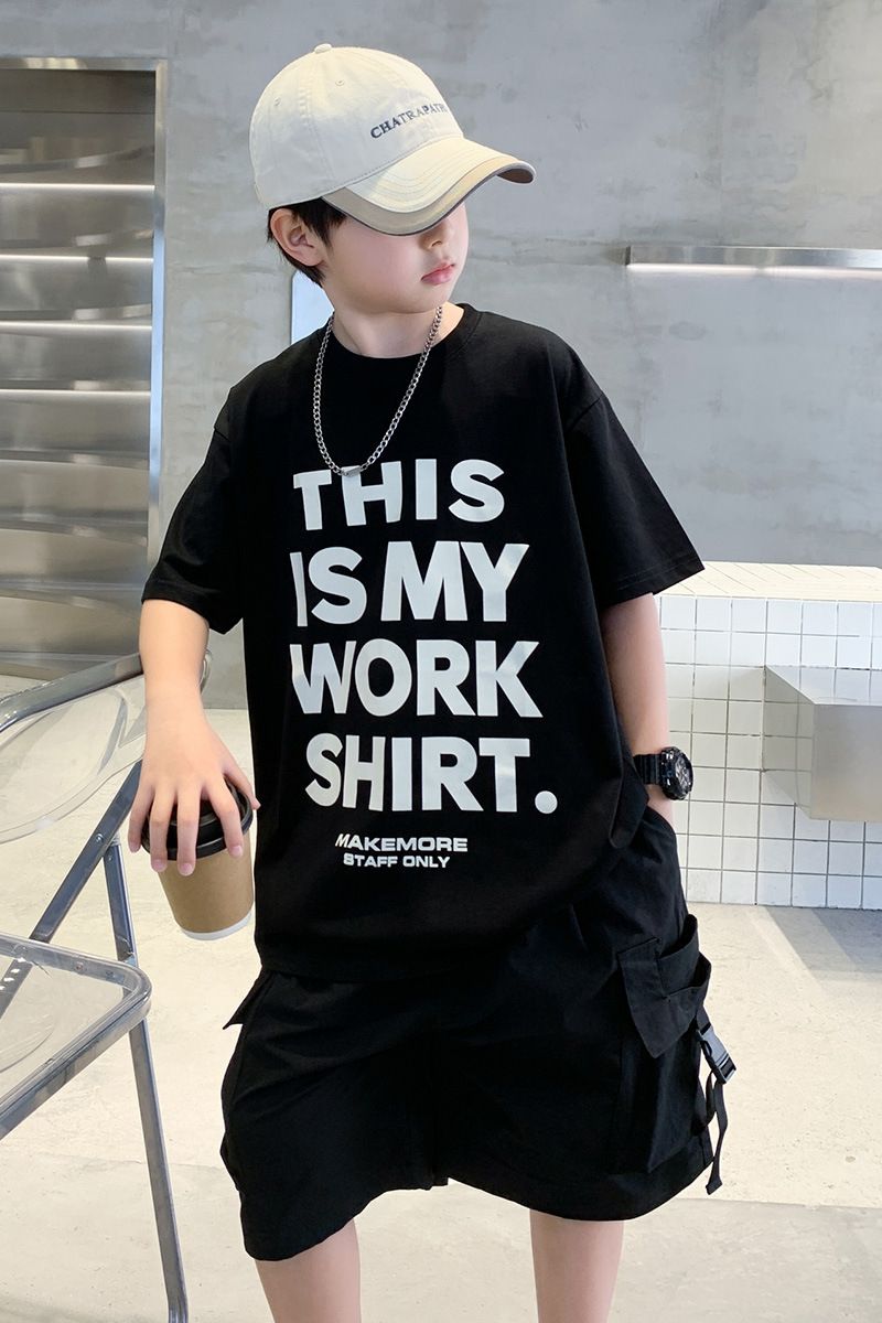 Abbigliamento per bambini, abito estivo con lettere a maniche corte per bambini di età media e grande, due pezzi_voghion.com