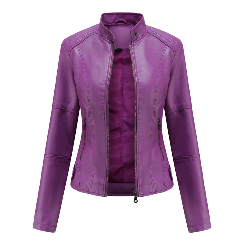 European Women's Slim Fit Thin Spring Autumn Coat Ladies Motorcycle Plus Size Stand Collar Leather Jacket_voghion.com