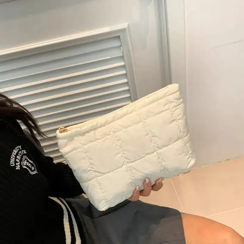 Borsa imbottita in cotone, in pelle PU, grande capacità, borsa portatrucchi imbottita, pochette in stile coreano, motivo scozzese spesso_voghion.com