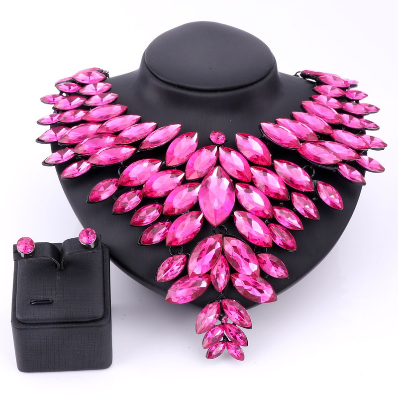 Schwarze Kette Kristall Braut Statement-Schmuck-Set für Bräute Halskette Ohrring Hochzeit Zubehör Schmuck-Sets_voghion.com