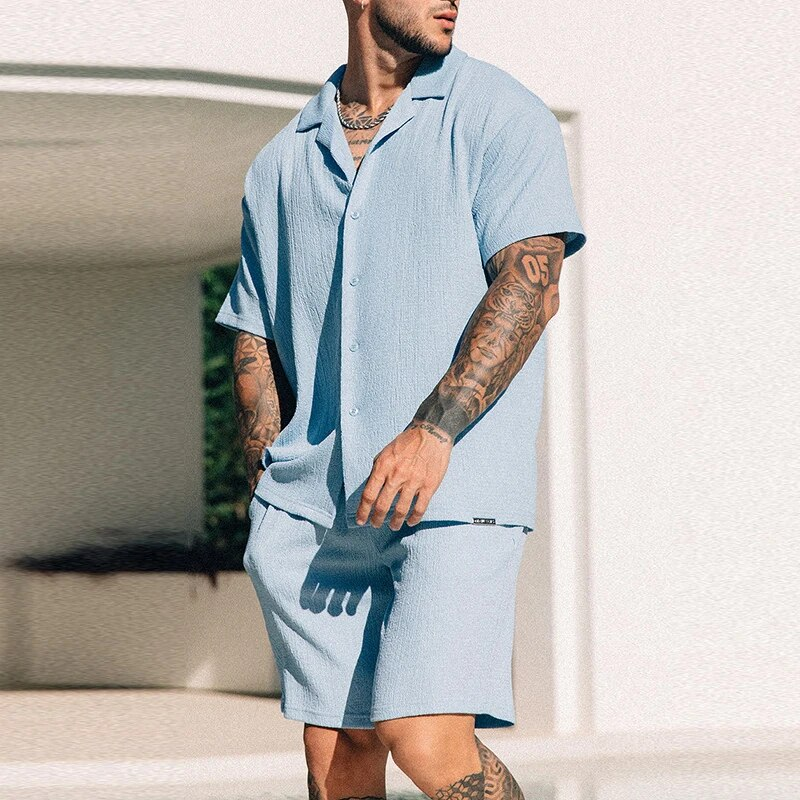 Camicie con risvolto vintage a maniche corte Camicie da uomo in due pezzi stile spiaggia estivo Camicie e pantaloncini in tinta unita adatti agli uomini_voghion.com