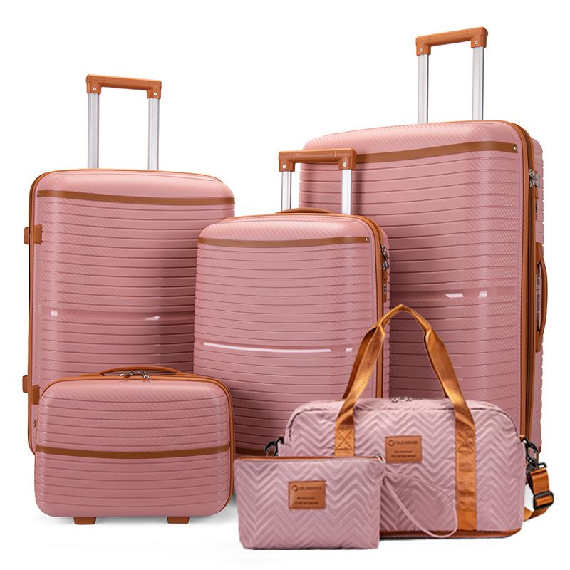 Set di sei valigie trolley in PP con ruote universali, antideflagranti, con cerniera, di colore marrone_voghion.com