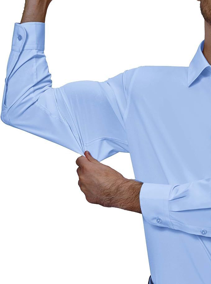Camicia elasticizzata da uomo con taschino - Camicia casual da lavoro comoda e antipiega, manica lunga, vestibilità slim, traspirante e con protezione UV_voghion.com