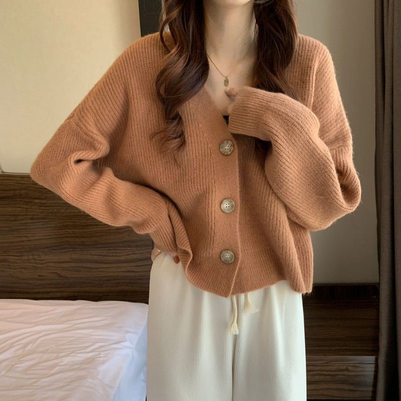 Korean-Style Minimalist Cardigan – Slim-Fit V-Neck Knit Sweater With Single-Breast Buttons, Soft Polyester-Nylon Blend In 5 Elegant Colors_voghion.com