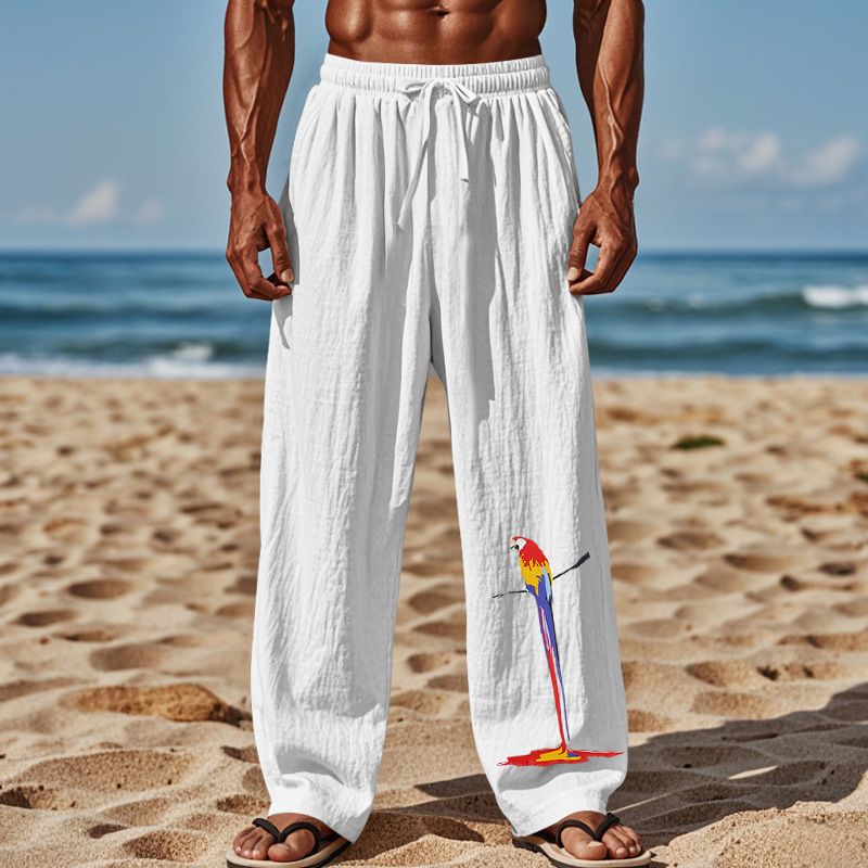 Herbst Herren Papagei Druck Atmungsaktive Baumwolle Leinen Lose Casual Sporthose_voghion.com