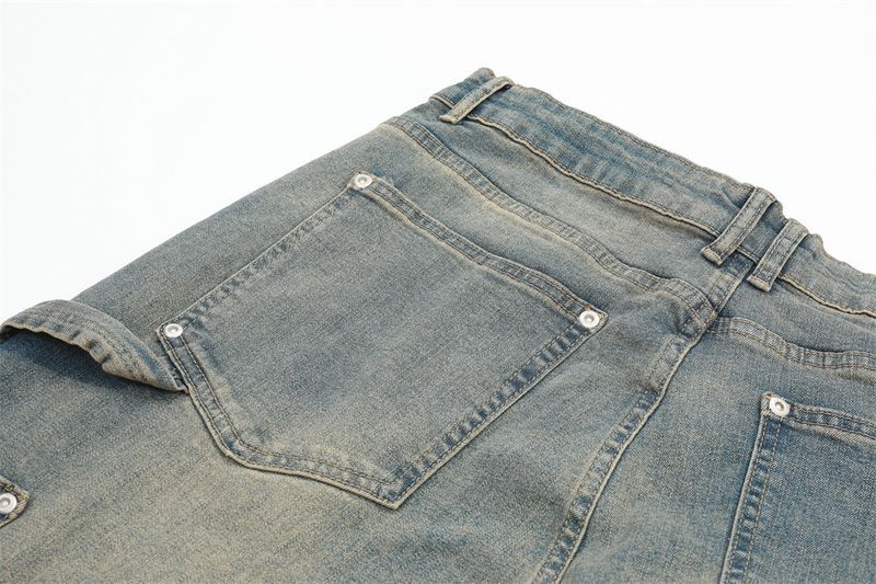 Pantaloni da uomo in denim effetto used con fondo a zampa d'elefante e motivo patchwork - Jeans da lavoro in stile hippie vintage per abbigliamento casual (nero, blu)_voghion.com