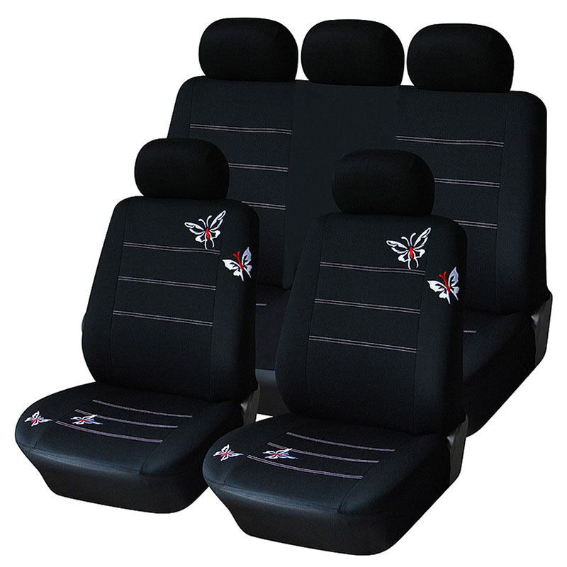 Universal-Sitzbezug, schwarze Schmetterlings-Stickerei, Autositzkissen, 9-teiliges Set_voghion.com