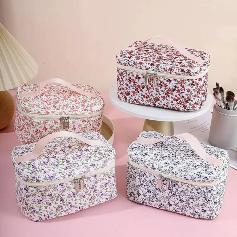 Borsa cosmetica in cotone con motivo floreale, capiente, con doppia cerniera, organizer per trucco, portatile, da viaggio, per lavare 250318l_voghion.com