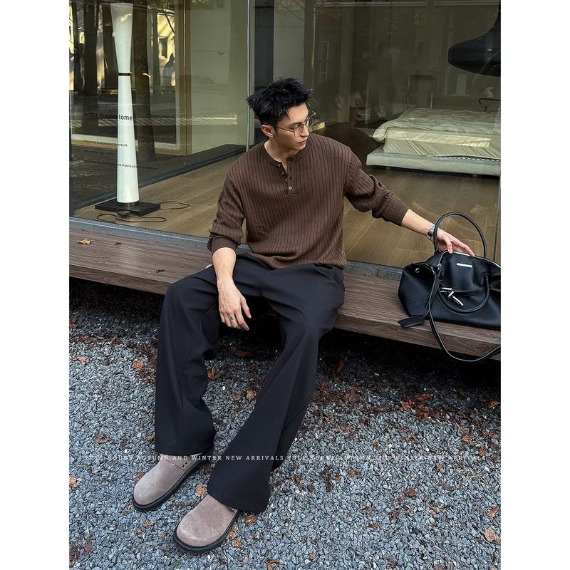 Henley-Kragen Langarm-Strickpullover Herren Leichte Business-Herbst-Winter-Oberbekleidung Gerippte Textur Trendy_voghion.com