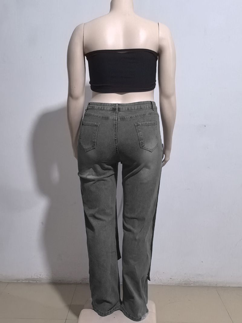 Jeans dritti, pantaloni a vita alta con bottoni staccabili, moda da strada_voghion.com